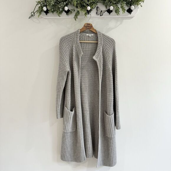 Madewell Waffle Stitch Grey Long Cardigan Sweater Small Pockets Open - Picture 1 of 5